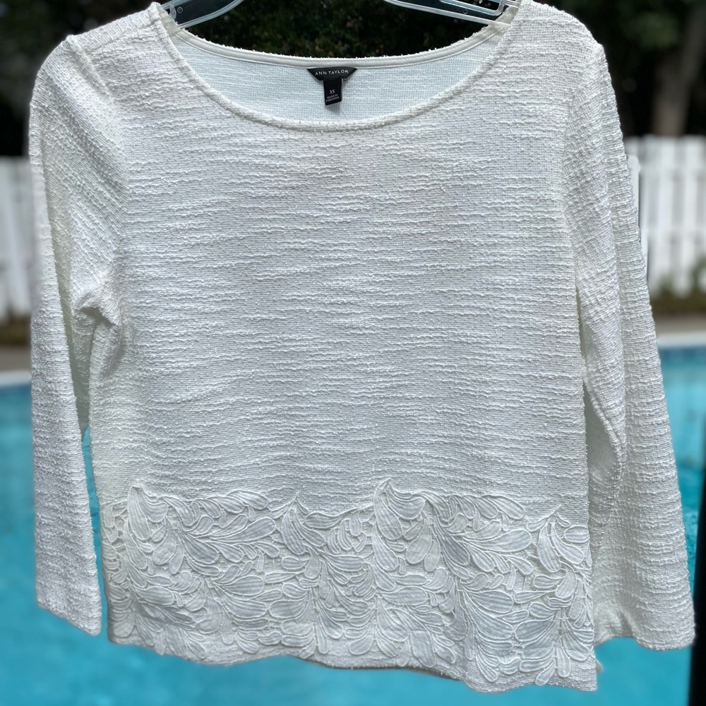 Ann Taylor Cropped Ivory Blouse with Floral Lace Embellishment- New with Tags!